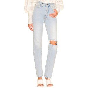 We The Free The Lasso Distressed High Rise Button Front Straight Jeans Blue 28